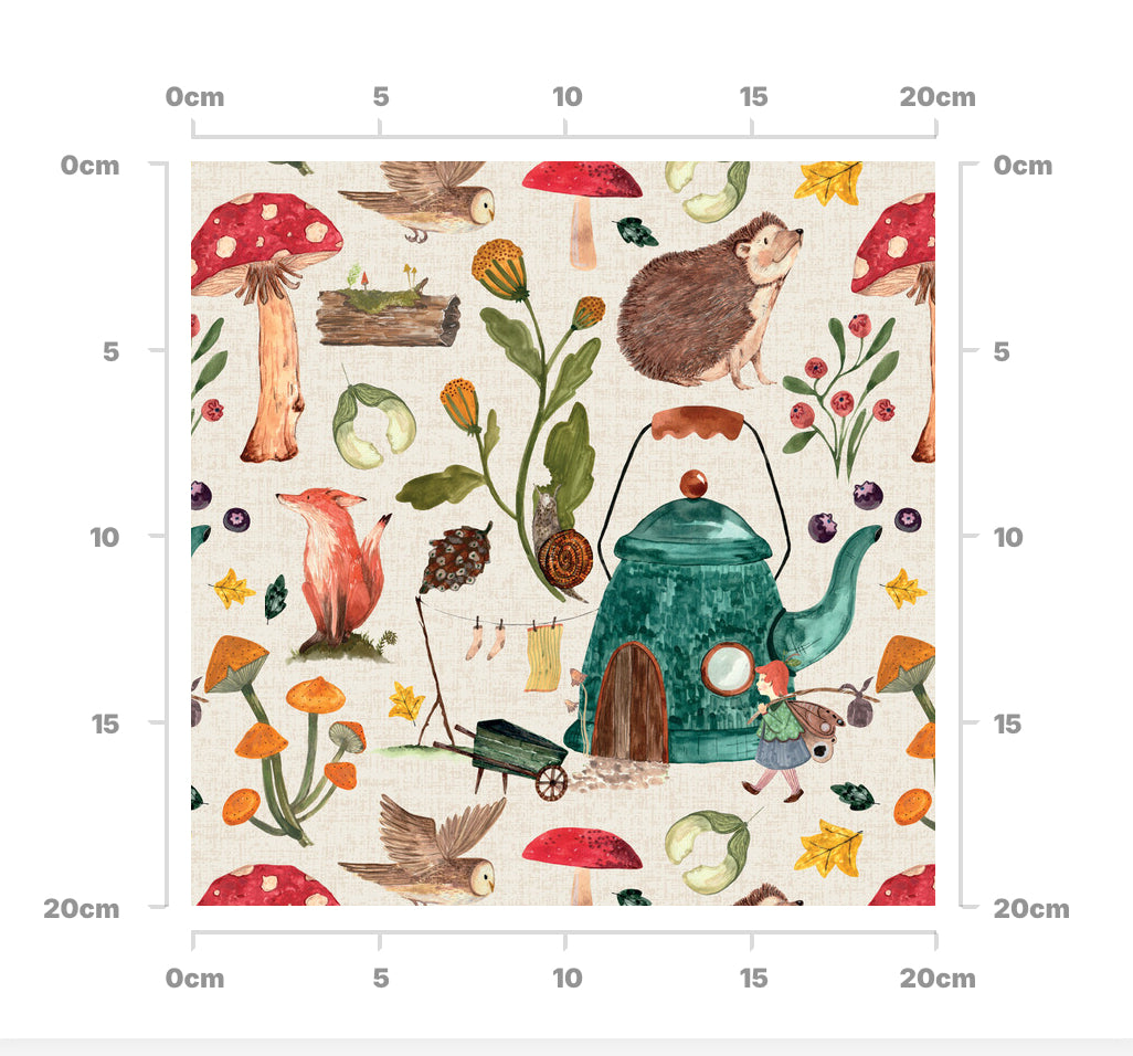 Teapots and toadstool (linen)