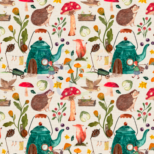 Teapots and toadstool (linen)
