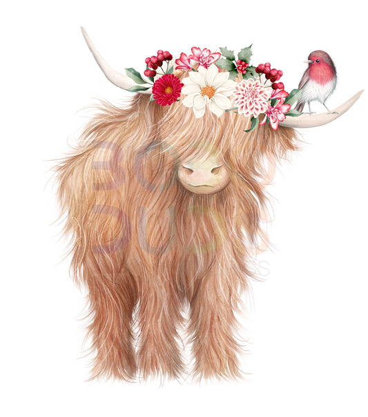 Floral highland cow  christmas (PNG Transfer)